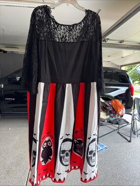 Black Lace Bodice Dress with Red & White Skull Print Brand new